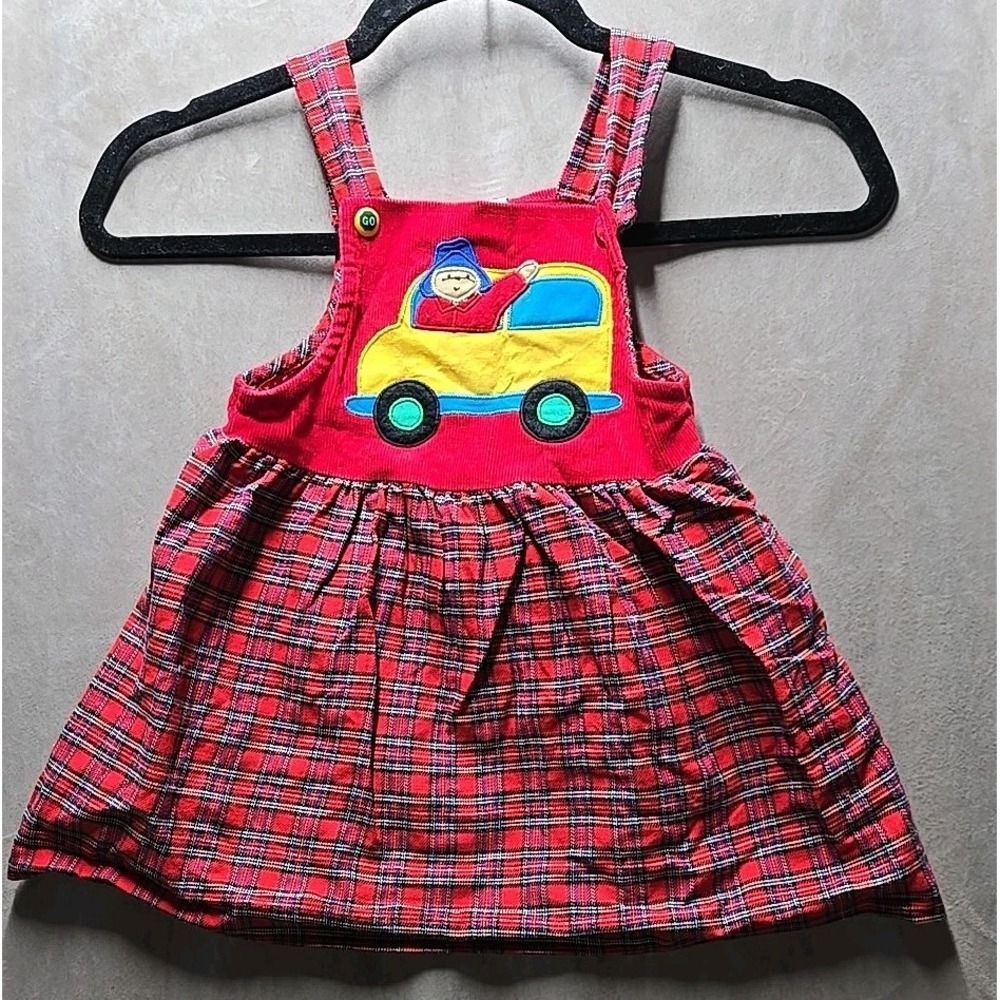 Vintage Paddington Bear Corduroy Plaid‎ jumper Overall Bus Baby Girls Dress 3T
